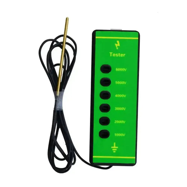 Green hotline 6 lite electric fence tester with six neon lights black buttons and gold probe on coiled cable showing voltage levels