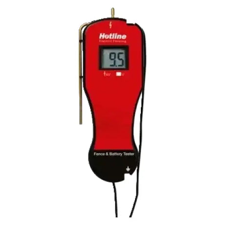Red and black hotline digital electric fence tester with battery tester and digital display showing 9.5 reading