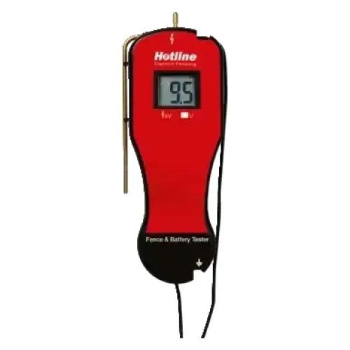 Red and black hotline digital electric fence tester with battery tester and digital display showing 9.5 reading