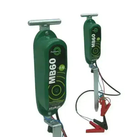 Green puddock mb60 ground resistance tester with black and red alligator clips for hotline electric fencing battery energiser mb60