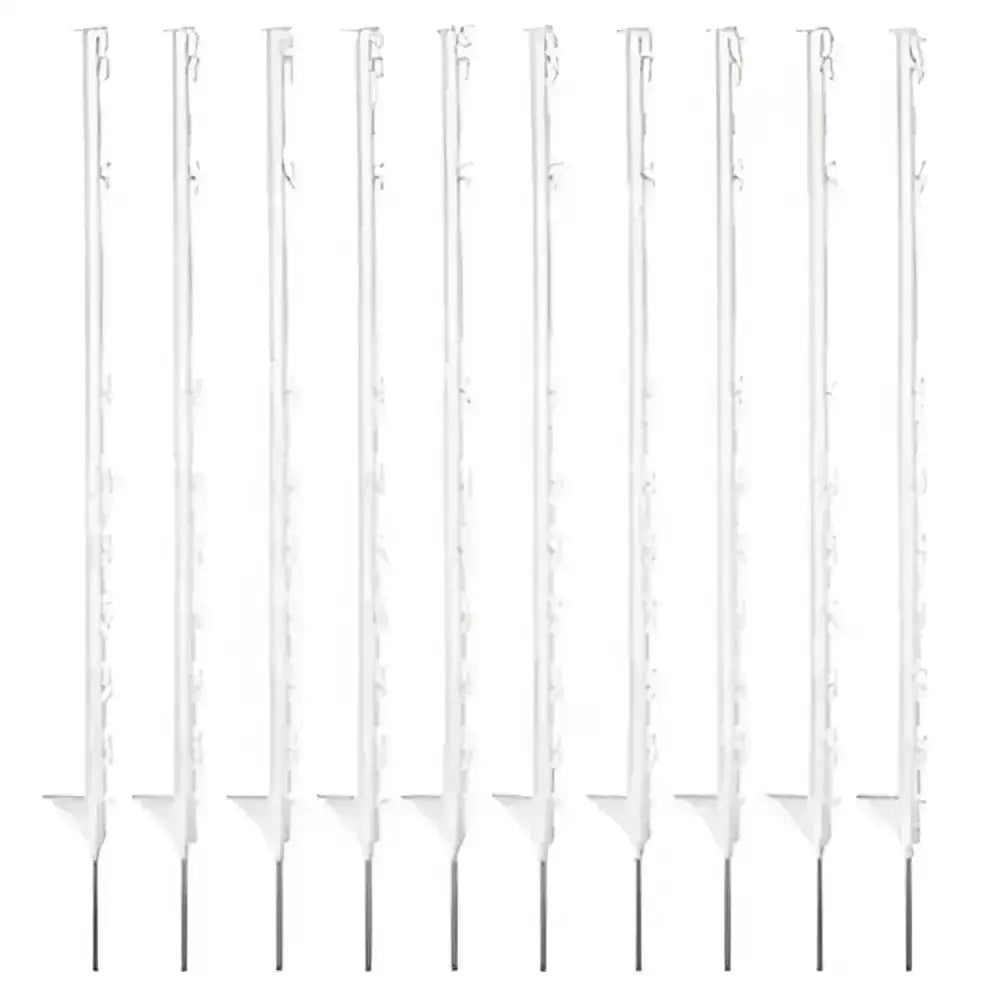 Set of ten white plastic hotline electric fencing posts with pointed stakes for horse electric fencing use