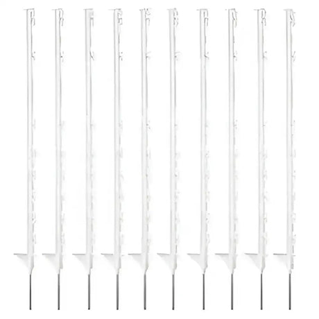 Set of ten white plastic hotline electric fencing posts with pointed stakes for horse electric fencing use