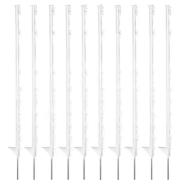 Set of ten white plastic hotline electric fencing posts with pointed stakes for horse electric fencing use