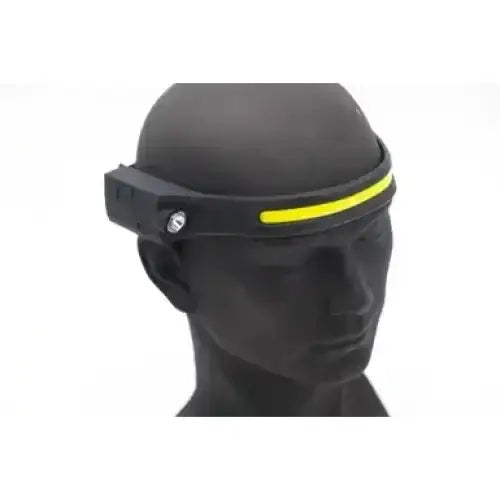 Black hotline explorer head torch with bright yellow reflective strip silver button and cob led band for hands free use