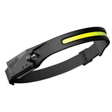 Black hotline explorer head torch with bright yellow reflective strip featuring a cob led band and touch free sensor