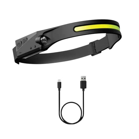 Black Hotline Explorer head torch with bright yellow cob led band, touch free sensor, adjustable strap, and usb cable
