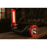 Red and black hotline explorer rechargeable foldable lithium torch with built-in flashlight and phone stand using 3000mah battery