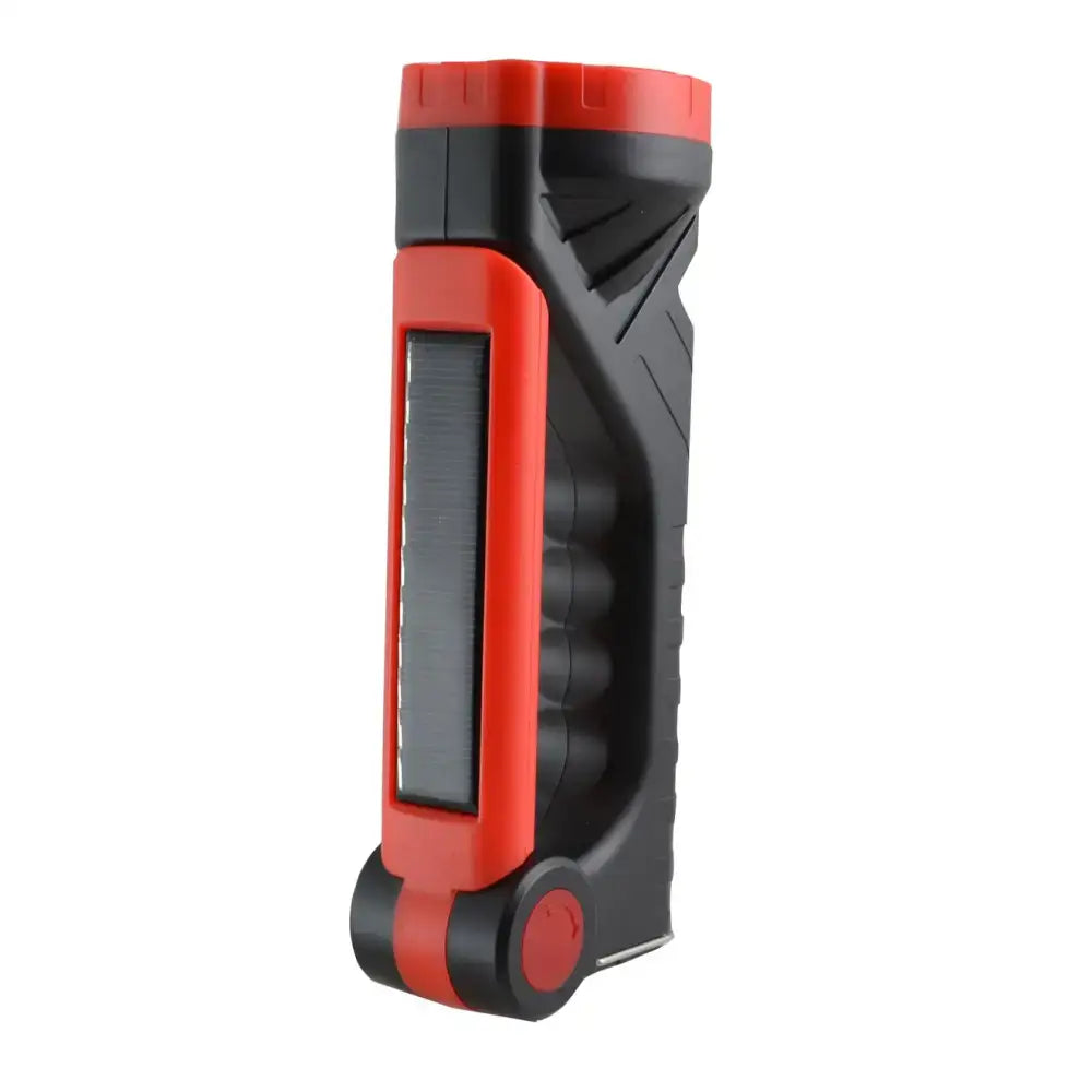 Red and black hotline explorer rechargeable lithium torch with textured grip and solar charging panel on the side