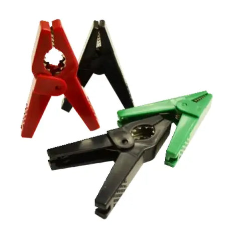 Hotline large plastic crocodile clips in red black and green with stainless steel jaws for fence connections and jumper cables