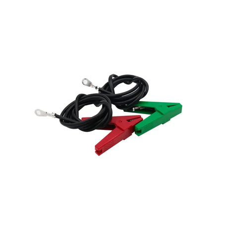 Red and green insulated alligator croc clips with black coiled cables and metal ring terminals for hotline spare earth fence leads