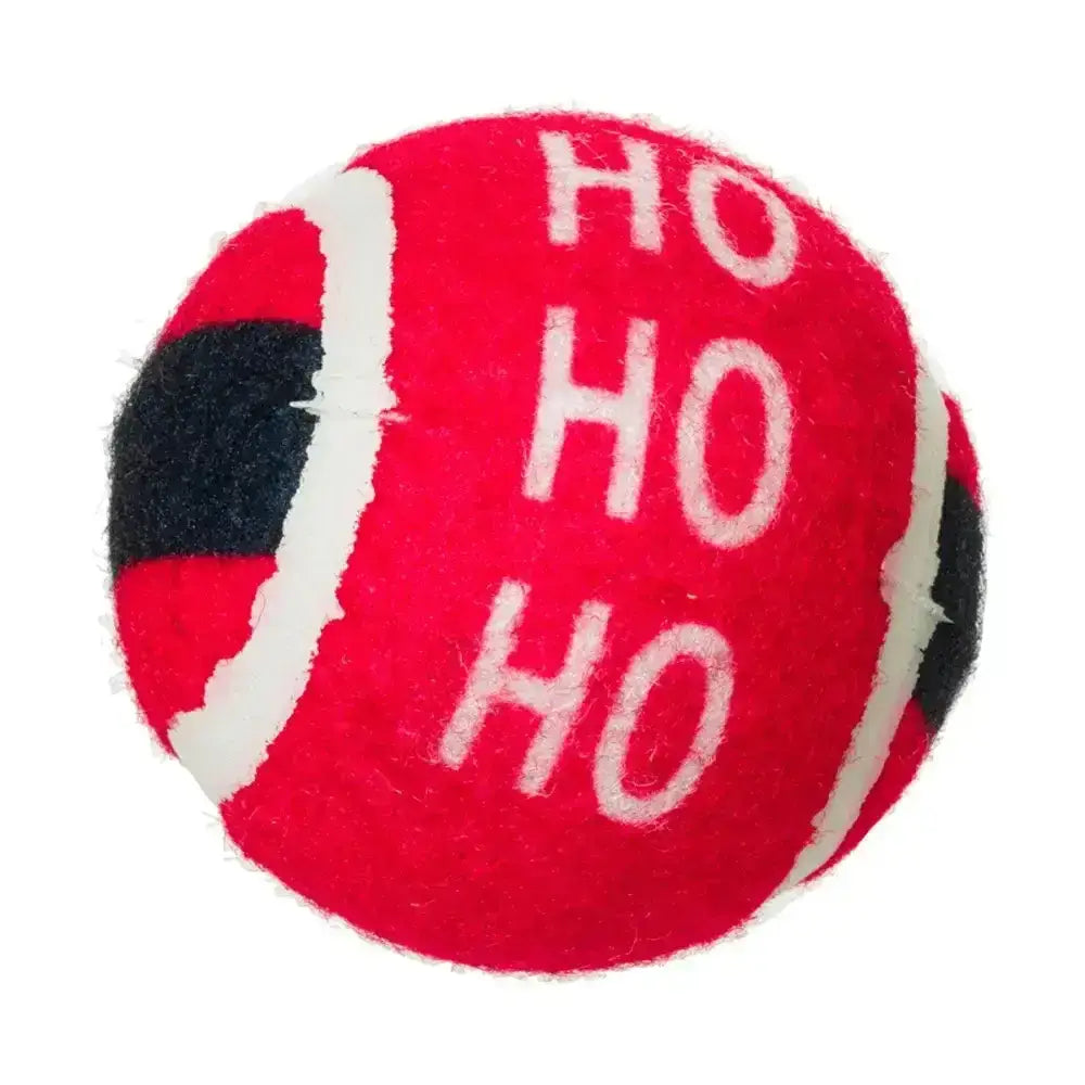 Red christmas tennis ball with ho ho ho lettering and black stripes for house of paws paws ball launcher and paws festive ball