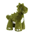 A plush green dinosaur big paws toy with white belly and feet accents and a friendly face by house of paws