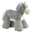 A plush gray unicorn big paws toy with rainbow mane and tail white belly and soft fuzzy texture by house of paws