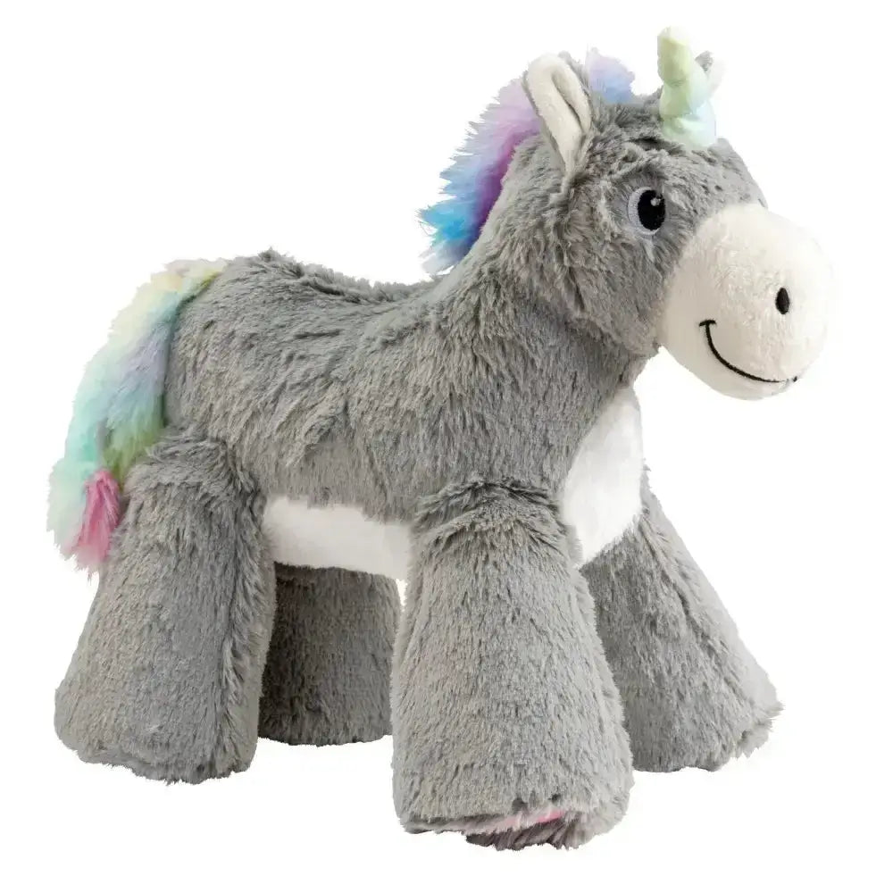 A plush gray unicorn big paws toy with rainbow mane and tail soft fuzzy paws toy from house of paws