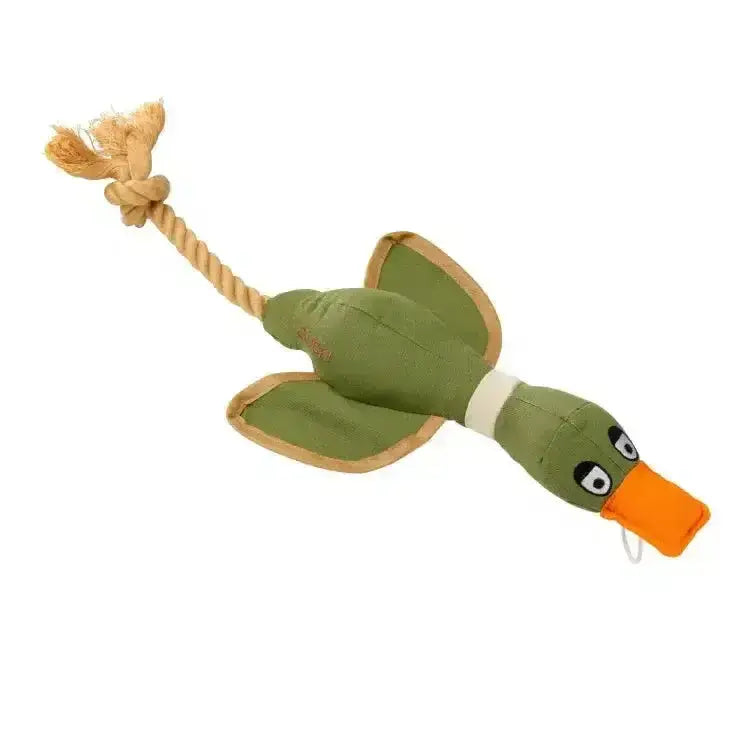 Green plush paws canvas duck thrower toy with orange beak embroidered eyes and rope tail for fetch play