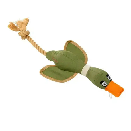 Green plush paws canvas duck thrower toy with orange beak embroidered eyes and rope tail for fetch play