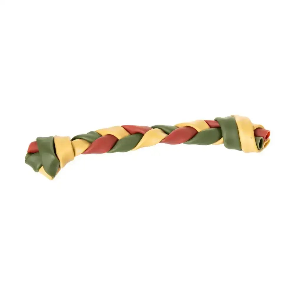 House of paws christmas chew rawhide chew in green yellow and red braided natural leather paws braid shaped toy