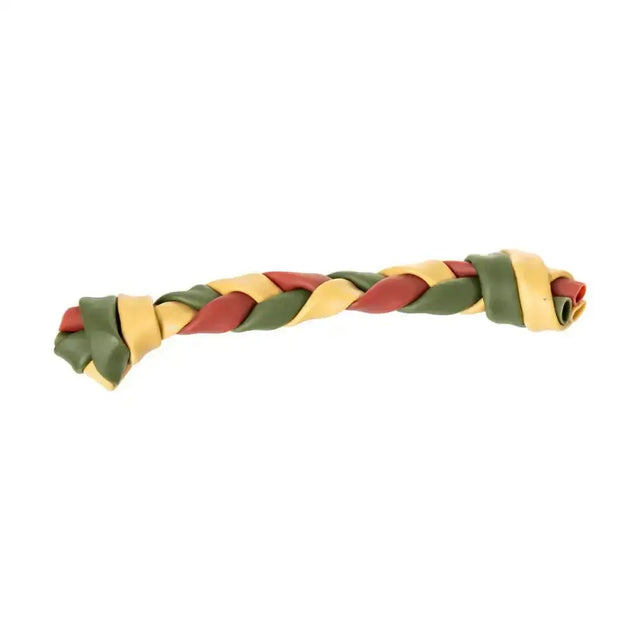 House of paws christmas chew rawhide chew in green yellow and red braided natural leather paws braid shaped toy