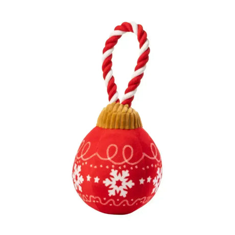 Red plush christmas rope toy with white snowflake patterns and gold cap by house of paws perfect for holiday play