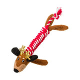 House of paws christmas rope toy with plush reindeer head, red white braided rope body, brown fur, and gold antlers