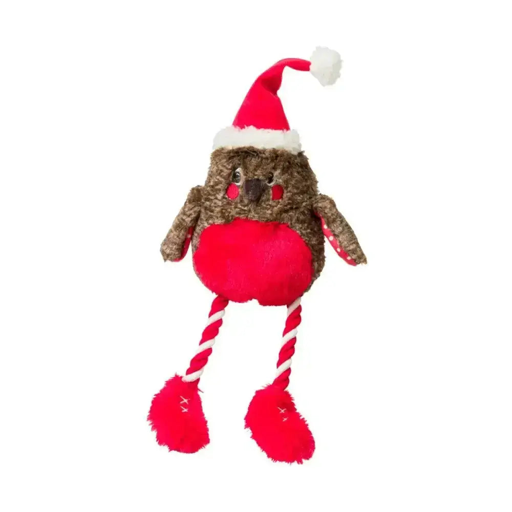 A plush house of paws christmas rope toy featuring a brown robin with a red heart belly and candy cane legs