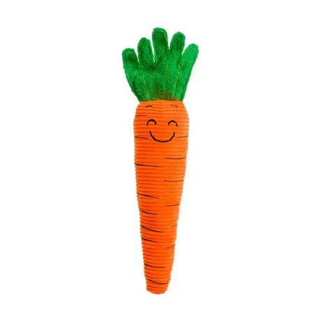 Orange plush christmas carrot toy with green top and smiling face from house of paws paws christmas toy collection