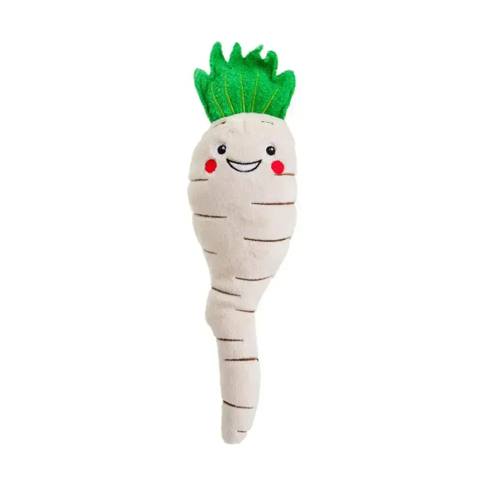 A plush christmas carrot toy from house of paws with green leafy top and embroidered face perfect paws christmas toy