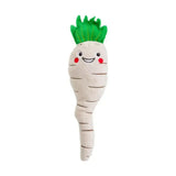 A plush christmas carrot toy from house of paws with green leafy top and embroidered face perfect paws christmas toy