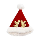 Red velvet santa hat with white faux fur trim and gold antlers in house of paws christmas toy collection