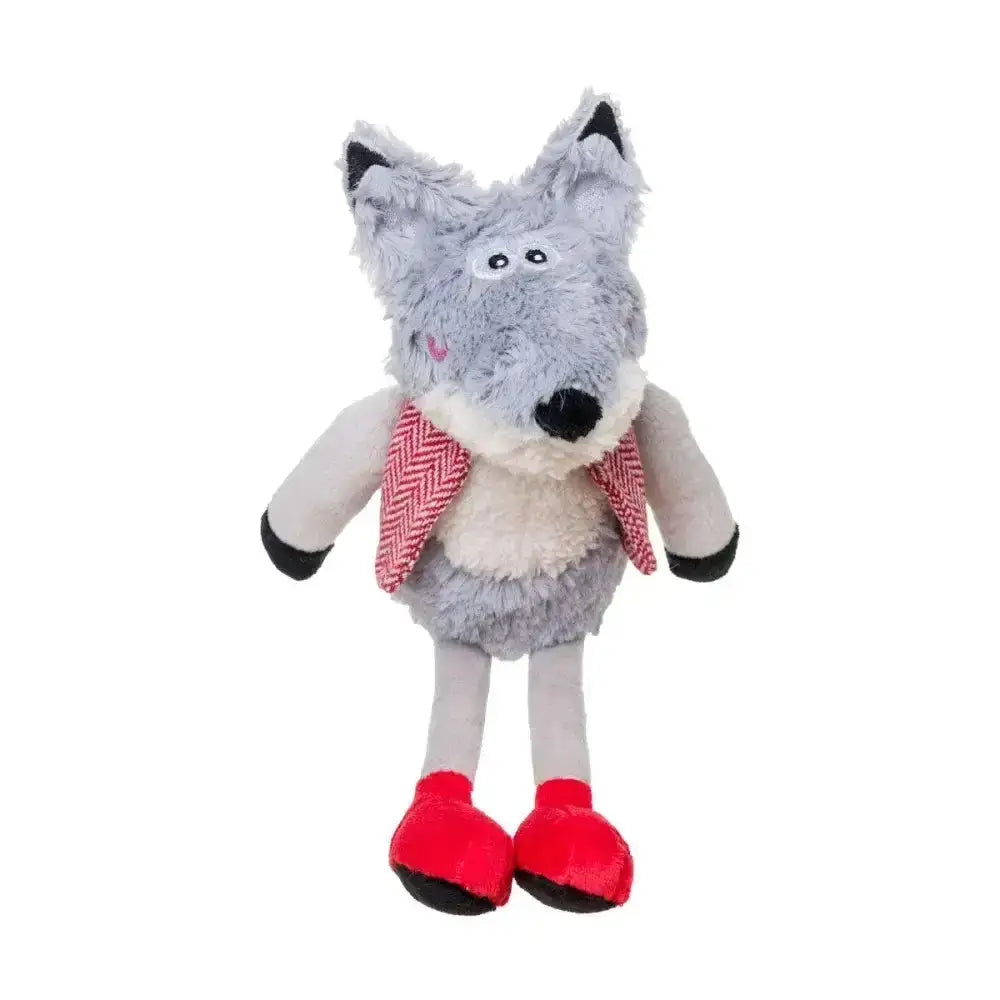 Gray plush wolf toy with black tipped ears pink nose and red shoes from House of Paws paws christmas toy collection