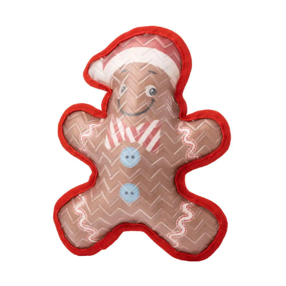 A tough gingerbread dog toy from house of paws christmas tuff toys with red striped hat and blue button eyes