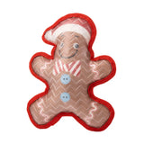 A tough gingerbread dog toy from house of paws christmas tuff toys with red striped hat and blue button eyes