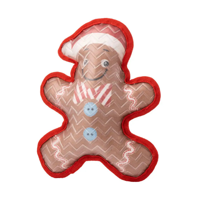 A tough gingerbread dog toy from house of paws christmas tuff toys with red striped hat and blue button eyes