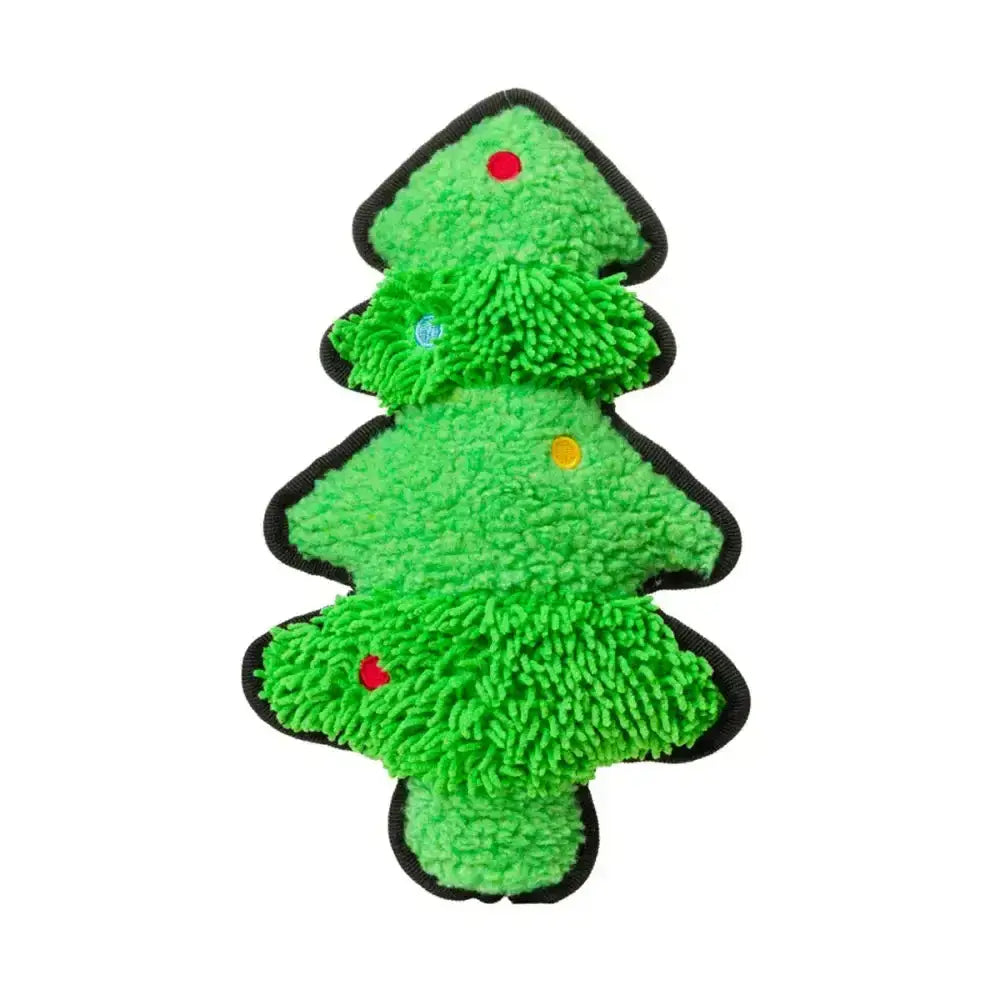 Bright green plush christmas tree dog toy with black trim and colorful lights from house of paws christmas tuff toys
