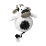 A plush black and white cow paws cord toy with ribbed body and spiky ball inside for playful chewing fun