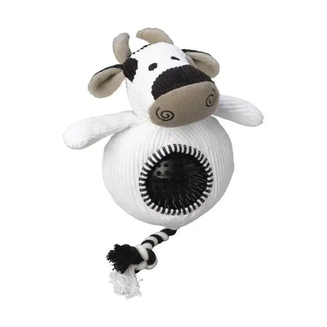 A plush black and white cow paws cord toy with ribbed body and spiky ball inside for playful chewing fun