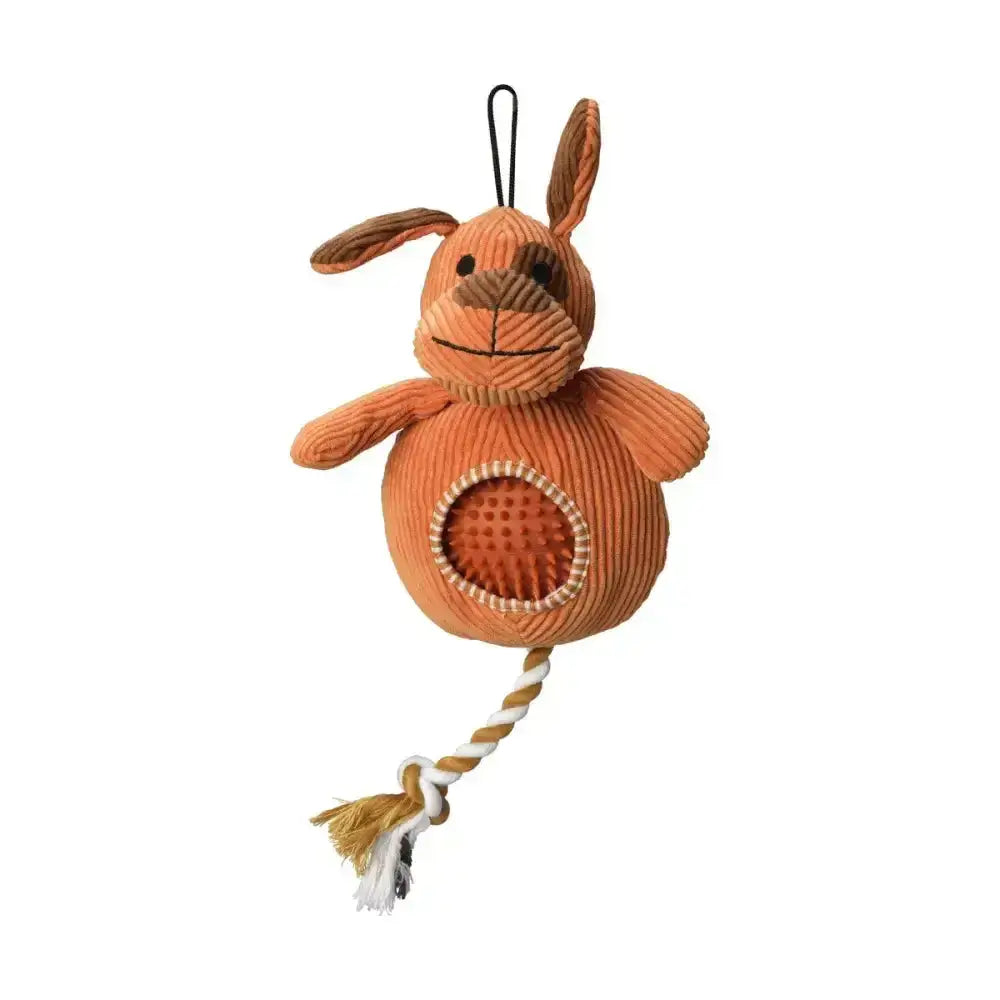 Orange corduroy paws cord toy rabbit with spiky ball inside textured opening and braided rope tail for chewing fun