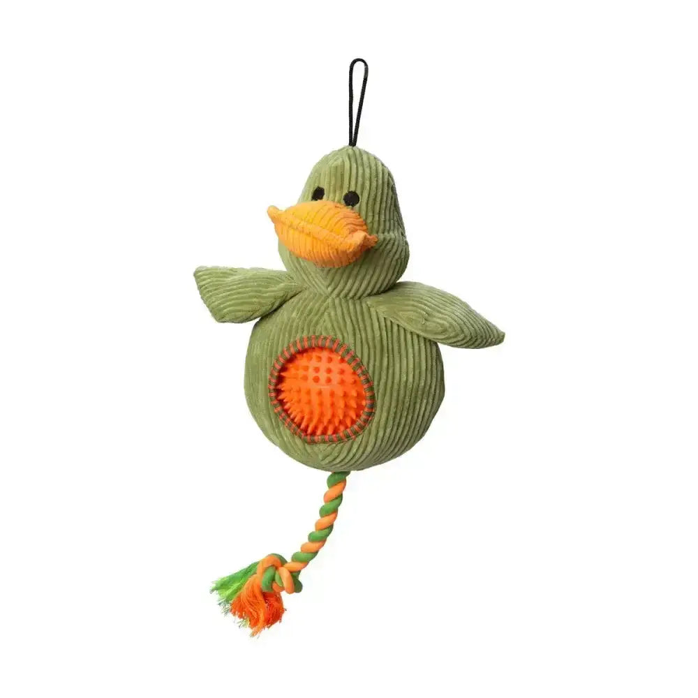 Green corduroy paws cord toy duck with orange beak textured belly panel and spiky ball inside tail detail