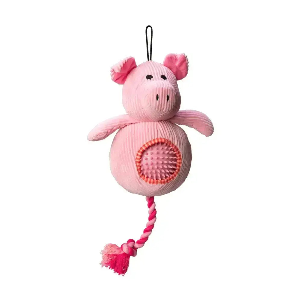 Pink corduroy paws cord toy shaped like a pig with a spiky ball inside and braided rope tail for dogs to chew