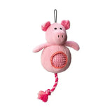 Pink corduroy paws cord toy shaped like a pig with a spiky ball inside and braided rope tail for dogs to chew