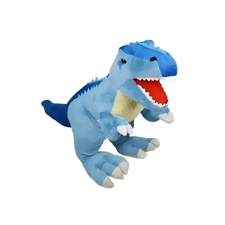 A plush blue house of paws dinosaur toy with raised rubber pimples red mouth and white claws perfect for play
