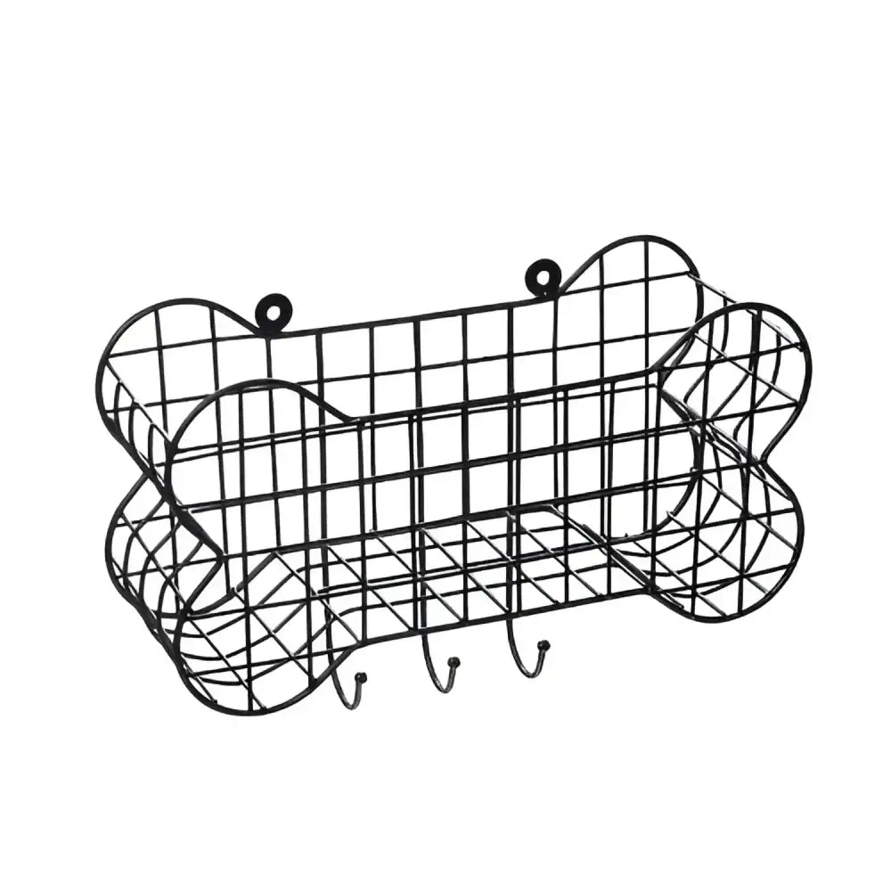 Black metal paws dog bone wire storage shelf with grid pattern and hooks for organizing dog gear