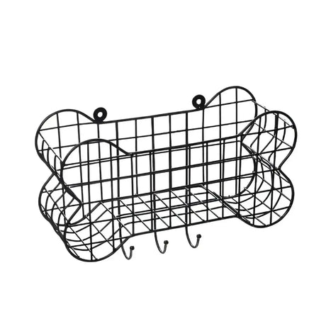 Black metal paws dog bone wire storage shelf with grid pattern and hooks for organizing dog gear