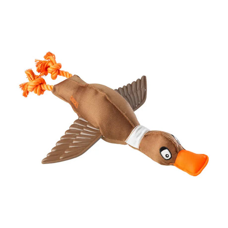 Brown fabric house of paws duck thrower dog toy with orange beak wings and tail rope for thrower dog toy fun