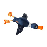 Navy blue plush paws duck thrower dog toy with orange beak rope feet and black wings with white stitching details