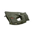 Olive green fleece lined gilet for dogs with brass buttons and white embroidered house of paws logo, warm gilet