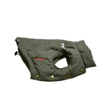 Olive green fleece lined gilet with brass buttons and white embroidered logo for a warm lined dog gilet