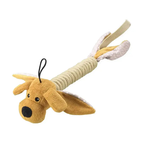A plush tan dog toy with floppy ears and a textured beige paws rope stick ideal for fetch play