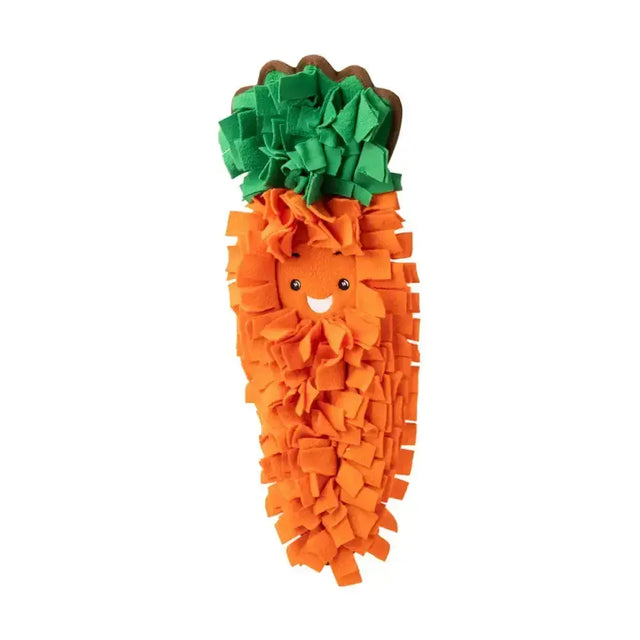 House of paws snuffle toy festive snuffle carrot plush orange fabric carrot toy with green leafy top and smiling face