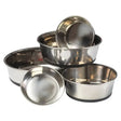 Set of paws stainless steel dog bowls with black rubberized bases and stylish design for pets